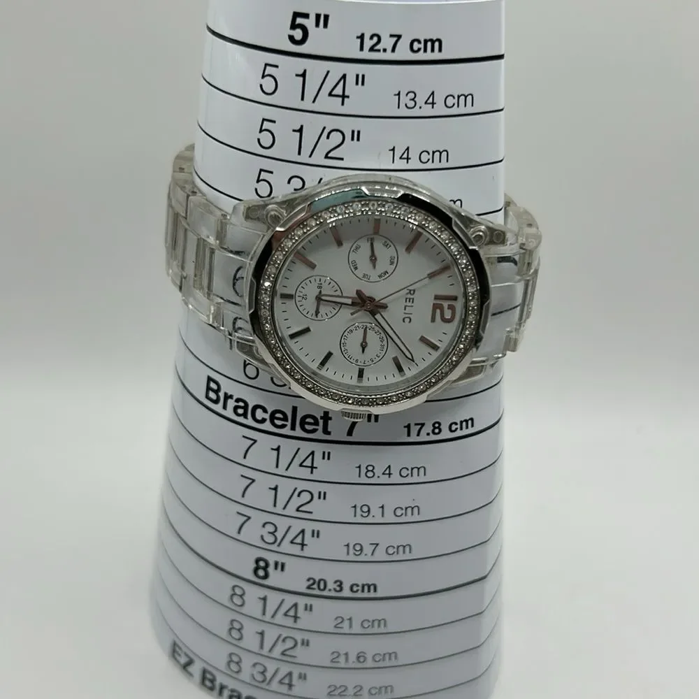 Working! Relic Rhinestone Bezel Clear Plastic Band Ladies Watch